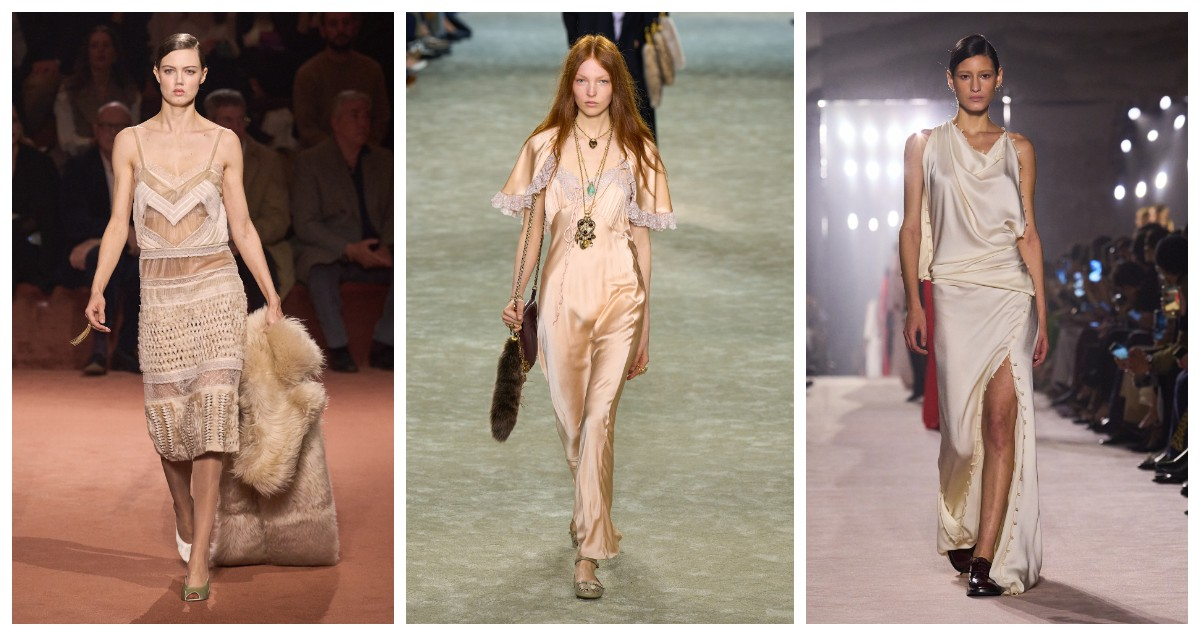 Pudrowy beż w stylizacjach Fendi, Chloe, Victoria Beckham / (Fot. Spotlight. Launchmetrics )