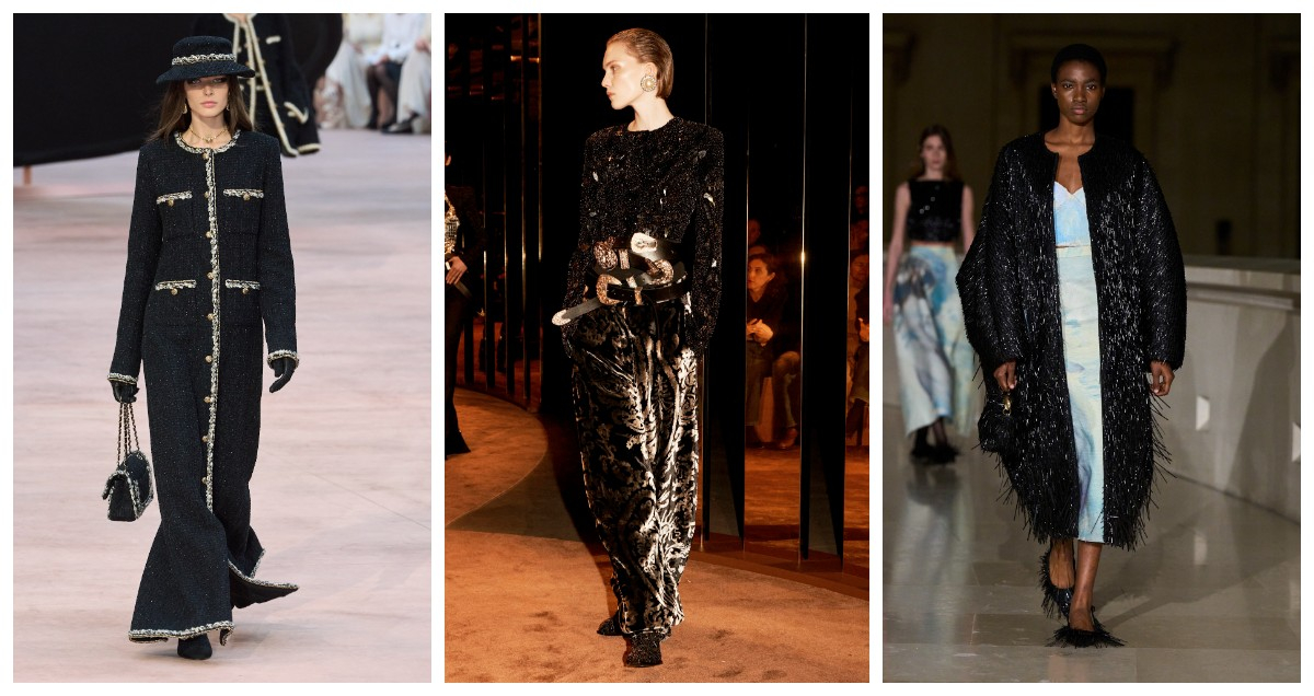 Czerń z połyskiem w kolekcjach Chanel, Schiaparelli, Erdem / (Fot. Spotlight. Launchmetrics )