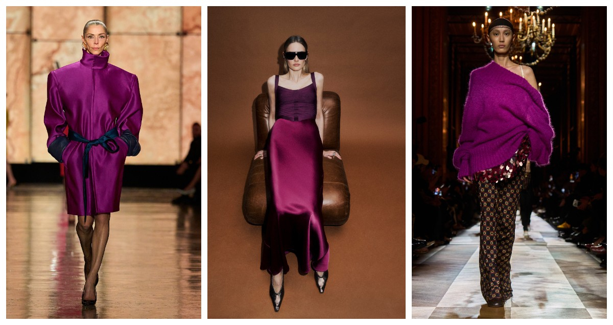 Intensywny fiolet u Saint Laurent, Herve Leger, Dries Van Noten / (Fot. Spotlight. Launchmetrics)