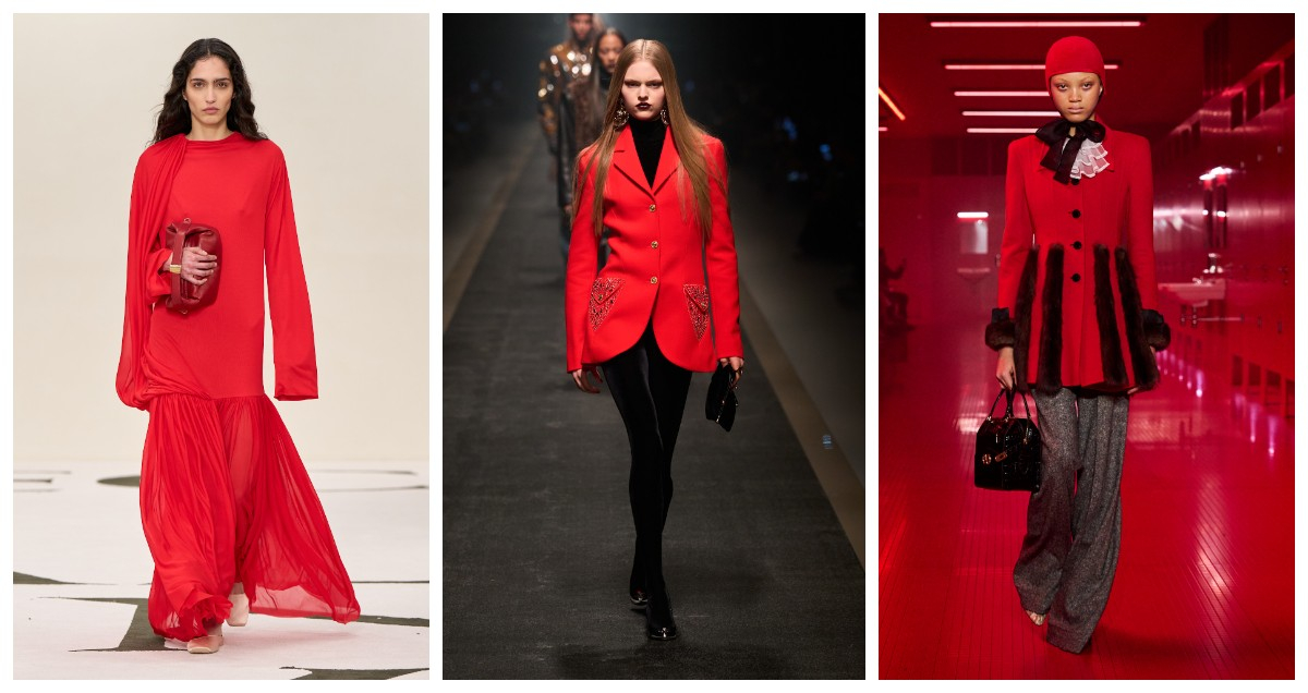 Krwista czerwień na wybiegach Calvin Klein, Versace, Gucci / (Fot. Spotlight. Launchmetrics / Agencja FREE)