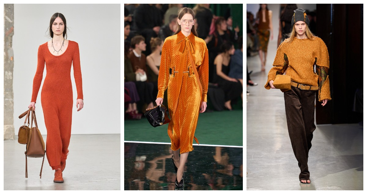 Pomarańczowe stylizacje Gabrieli Hearst, Gucci, Christophera Esbera / (Fot. Spotlight. Launchmetrics / Agencja FREE)