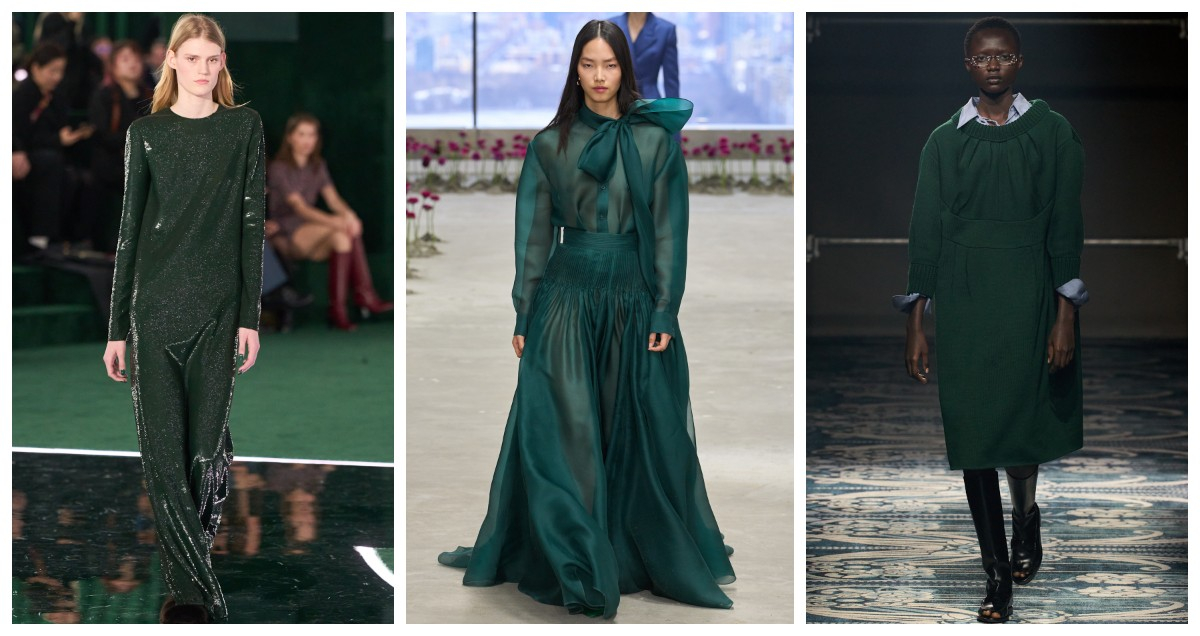 Szmaragdowe kreacje Gucci, Carolina Herrera, Prada / (Fot. Spotlight. Launchmetrics / Agencja FREE)