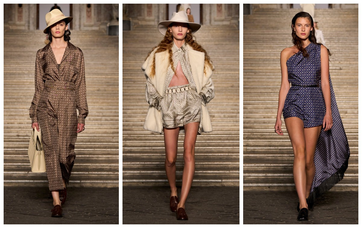 Modelki w satynowych ubraniach prezentują kolekcję Max Mara Resort 2026 na tle schodów.