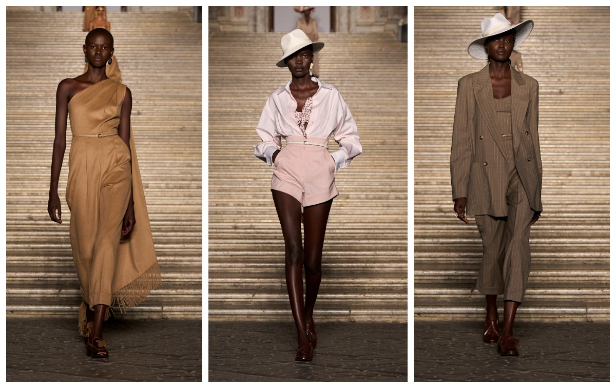 Pokaz mody Max Mara Resort 2026 z modelkami w eleganckich strojach, na tle schodów.
