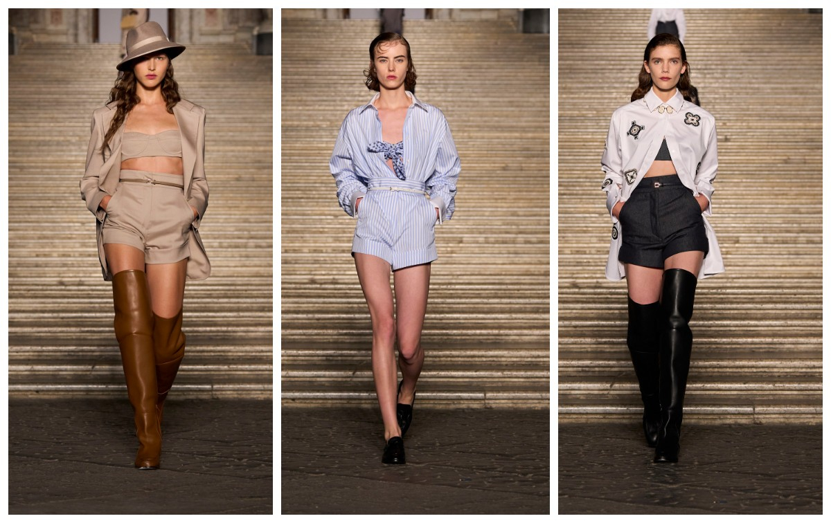 Max Mara Resort 2026, modele w szortach na wybiegu, wysoka moda z wysokimi kozakami.