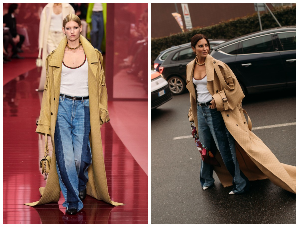 Dwie kobiety w trenczach, jedna na wybiegu Gucci, druga na ulicy. Stylizacje z jasnymi bluzkami i jeansami.