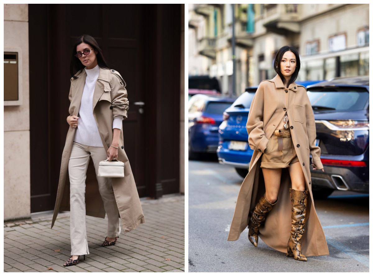 Kobiety w beżowym płaszczu, jedna w eleganckim wydaniu z białym sweterkiem, druga w stylu casual z szortami.