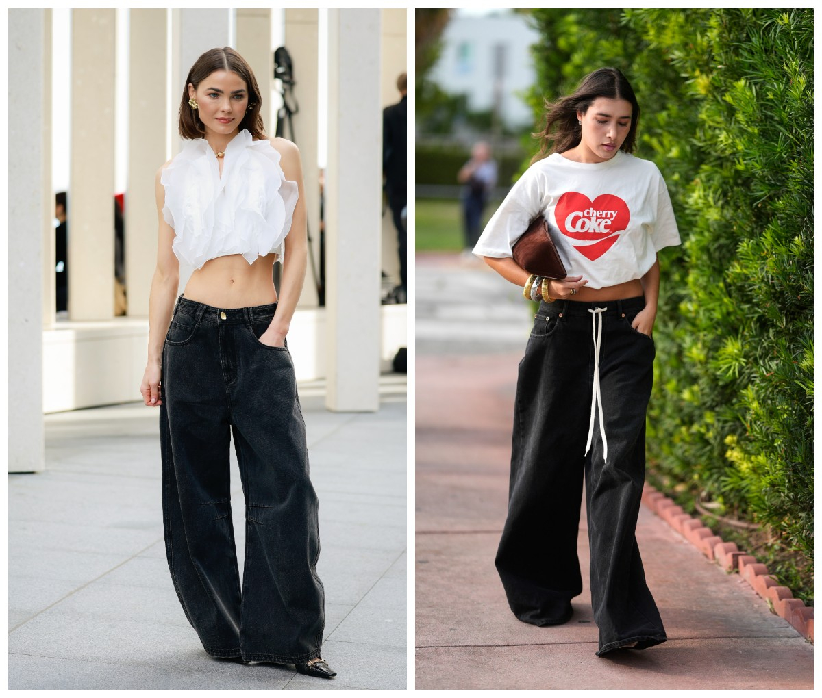 Czarne jeansy baggy i crop topy to modny zestaw na lato 2025 w casualowym stylu (Fot. Hanna Lassen/Getty Images, 305pics/GC Images)