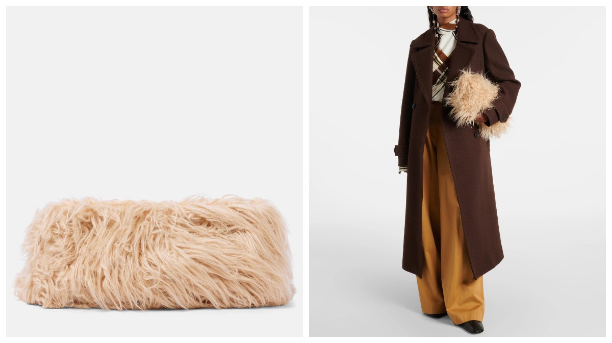 Futrzana torebka Dries Van Noten na beżowym tle, prezentująca elegancki styl. Stylistka nosi ją w zestawieniu z brązowym płaszczem.