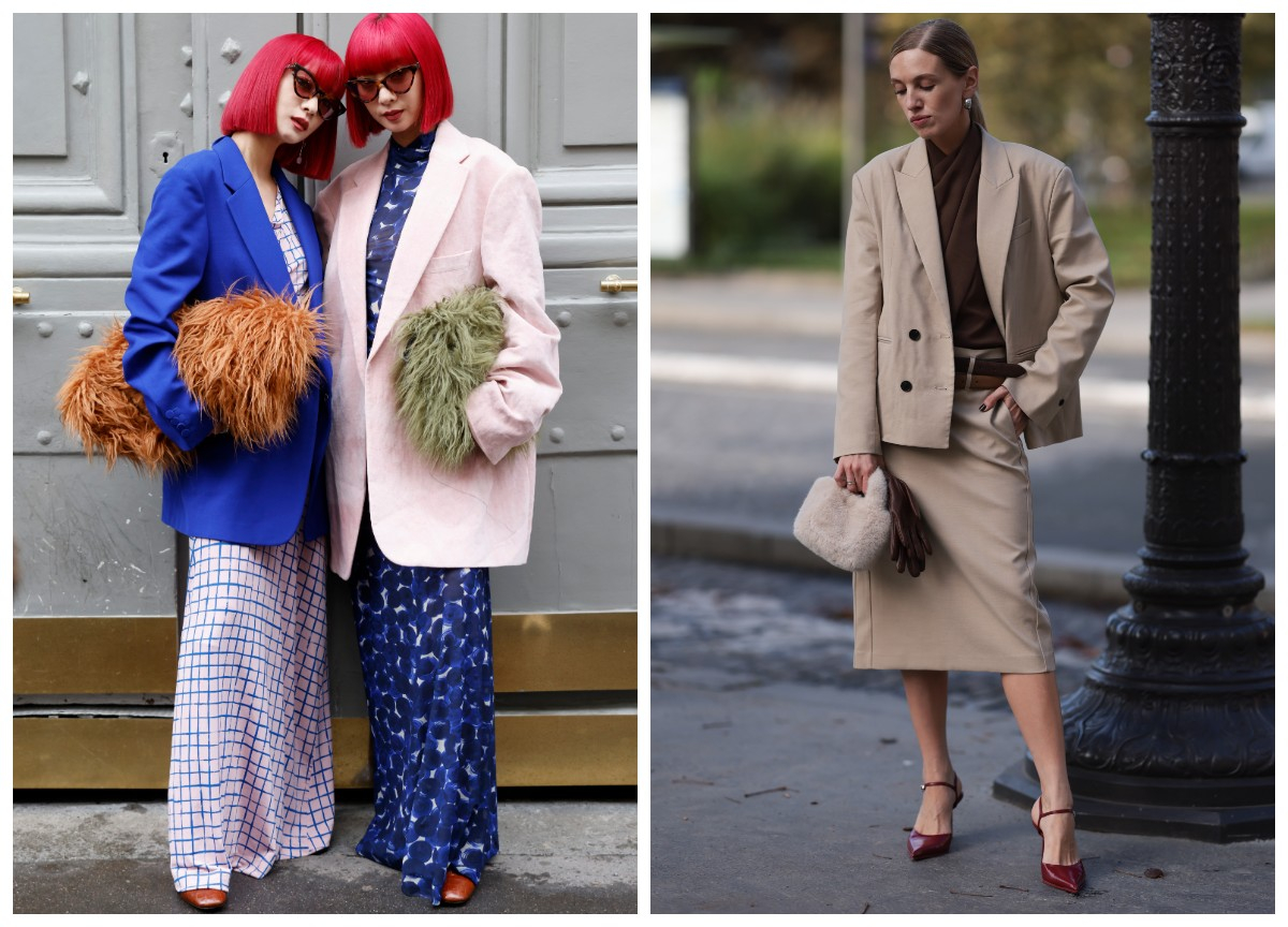 Dwie modelki w modnych płaszczach trzymają futrzane torebki. Po lewej w intensywnych kolorach, po prawej elegancka stylizacja.