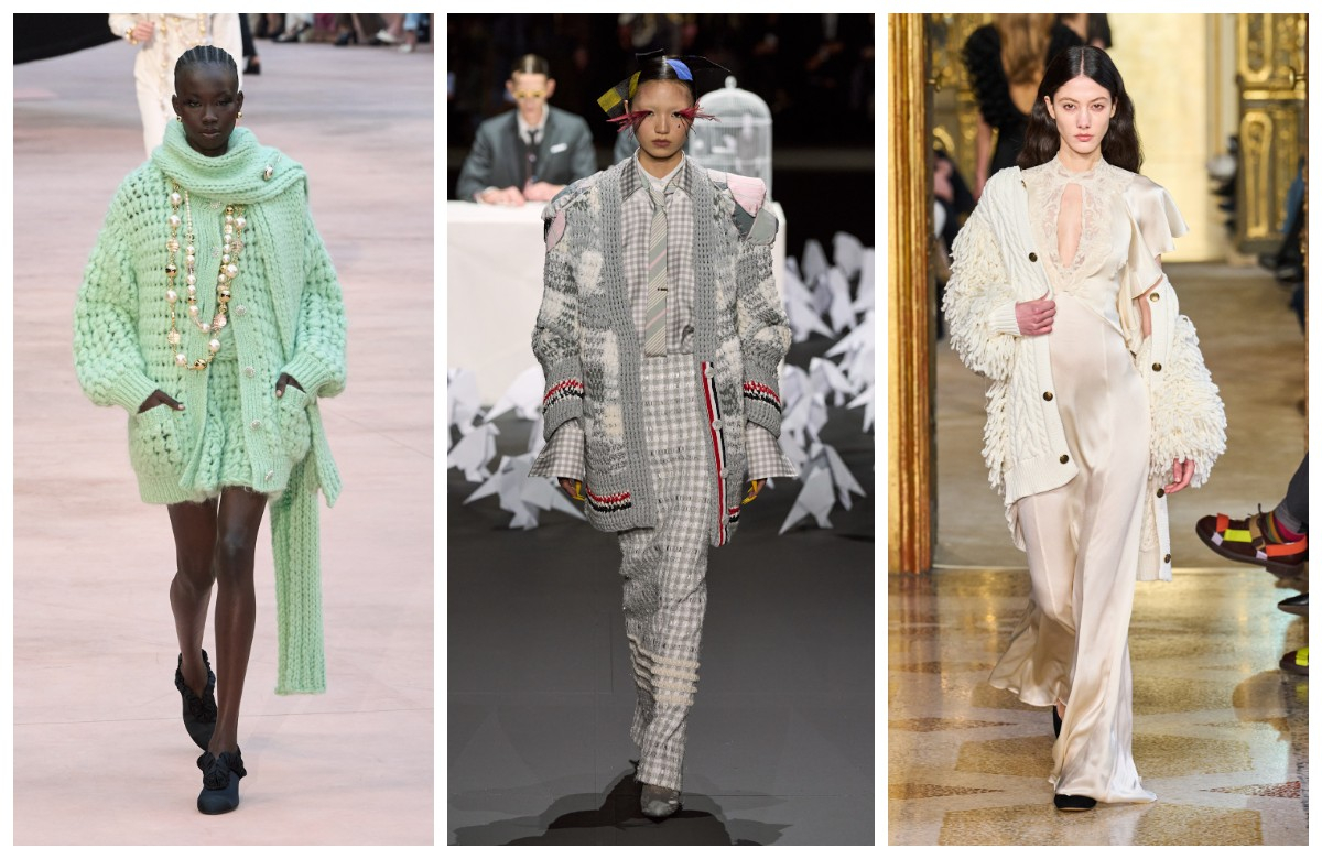 Trzy modele w kardiganach oversize: zielony, pleciony, szary w kratę oraz biały z futrzanymi akcentami.