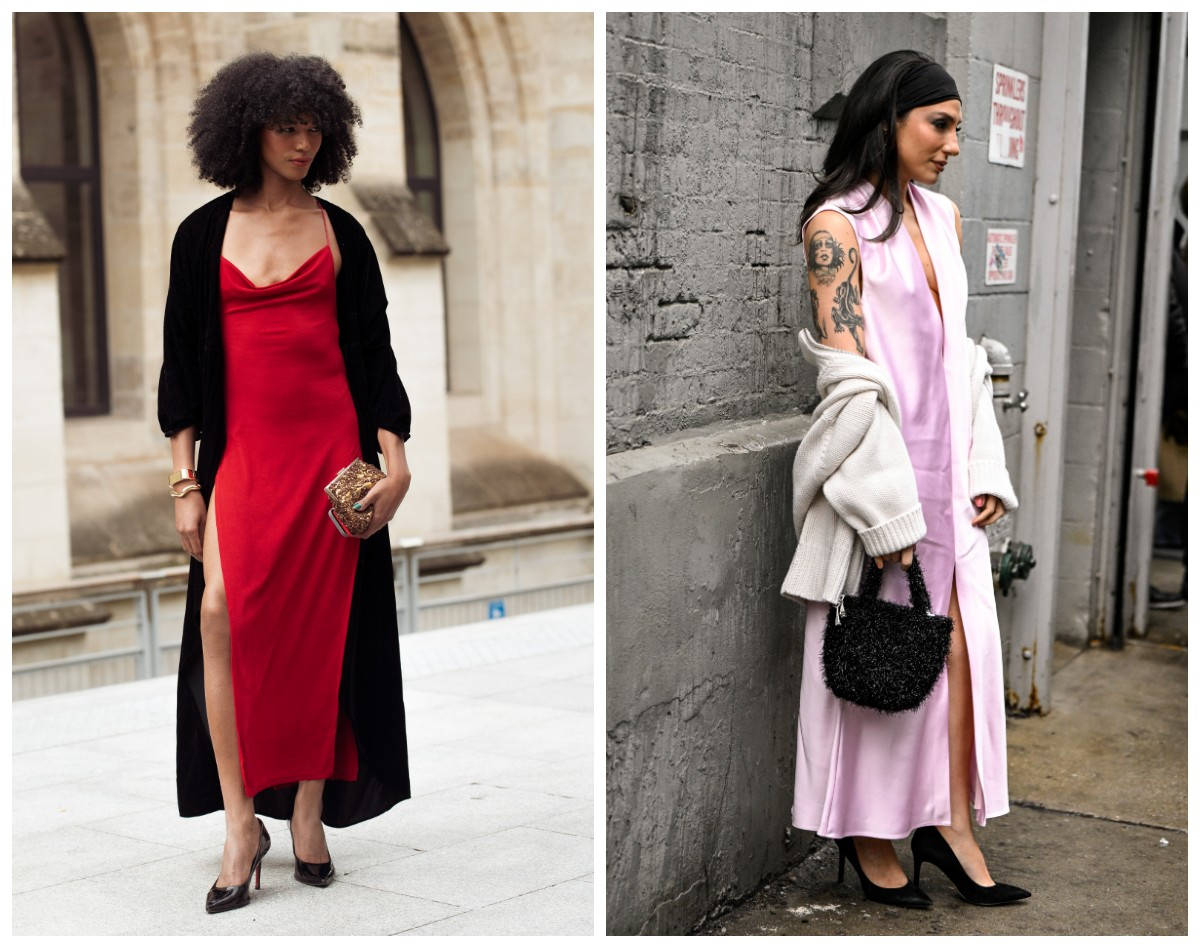 Kobiety w eleganckich sukienkach: jedna w czerwonej z czarnym kardiganem oversize, druga w różowej z jasnym kardiganem oversize.