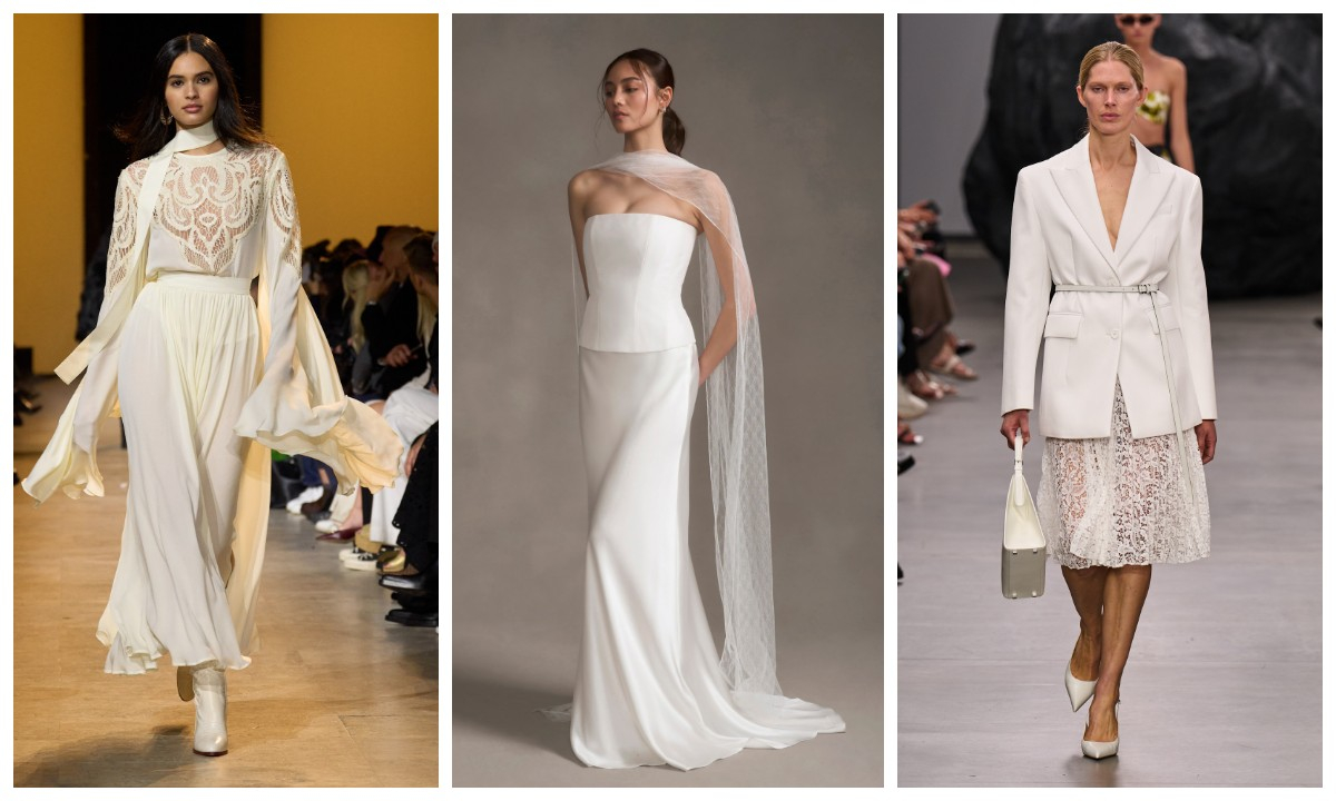 Trzy modele w białych kompletach ślubnych, każdy z odmiennym krojem i stylizacją, prezentujące elegancję i nowoczesność.