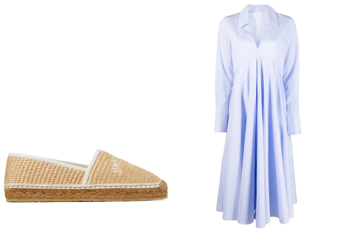 Espadryle Jimmy Choo, błękitna sukienka koszulowa Reversible / (Fot. Materiały prasowe)