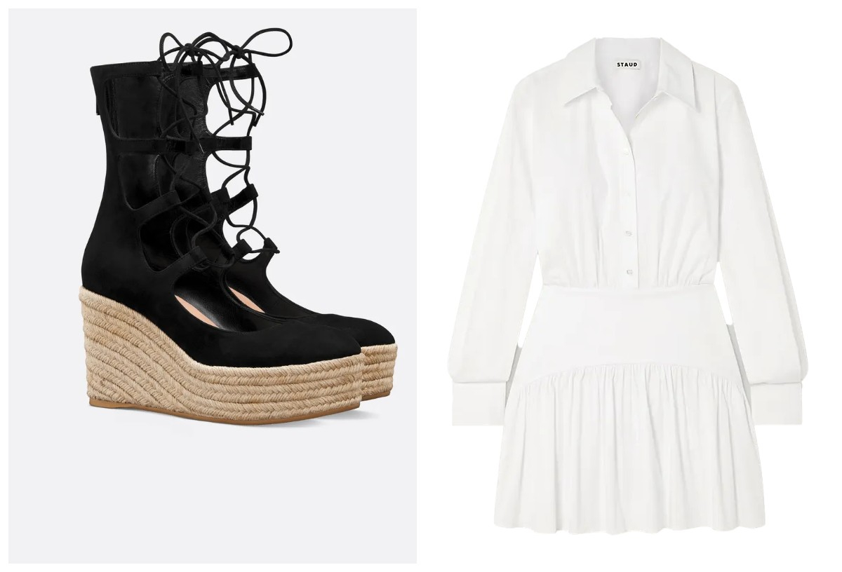 Espadryle na koturnie Dior, biała szmizjerka Staud / (Fot. Materiały prasowe)