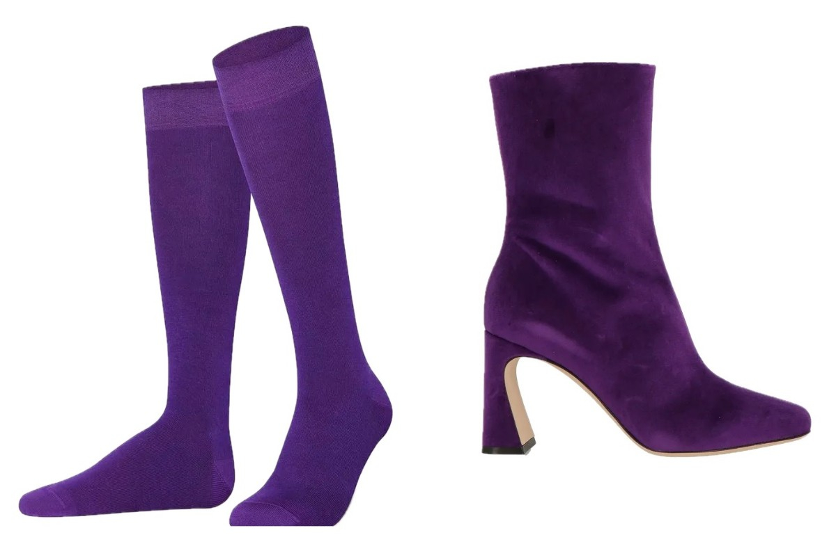 Fioletowe skarpety Mysocks, fioletowe botki Alberta Ferretti (Fot. Materiały prasowe)