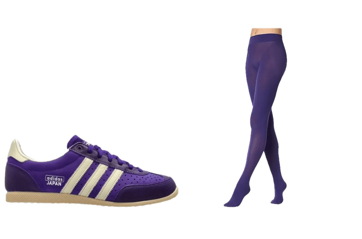 Fioletowe sneakersy adidas Japan, fioletowe rajstopy Golden Lady (Fot. Materiały prasowe)