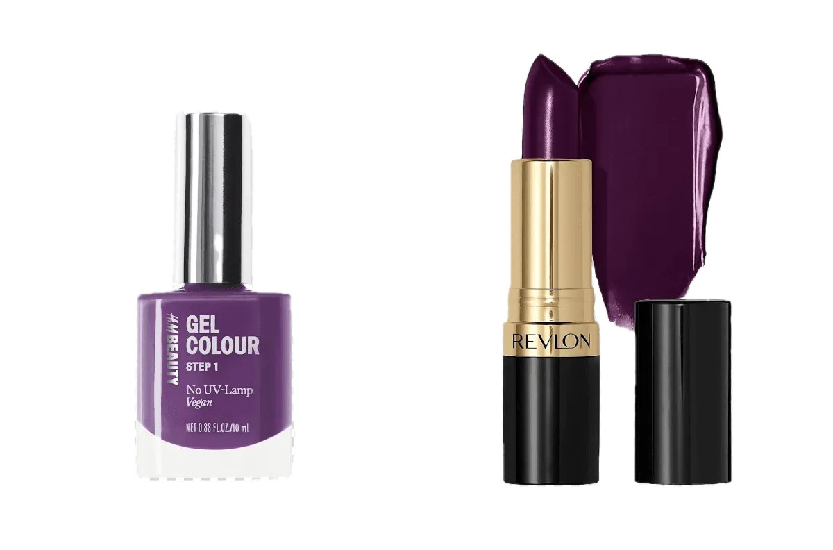 Fioletowy lakier do paznokci H&M, fioletowa szminka Revlon (Fot. Materiały prasowe)