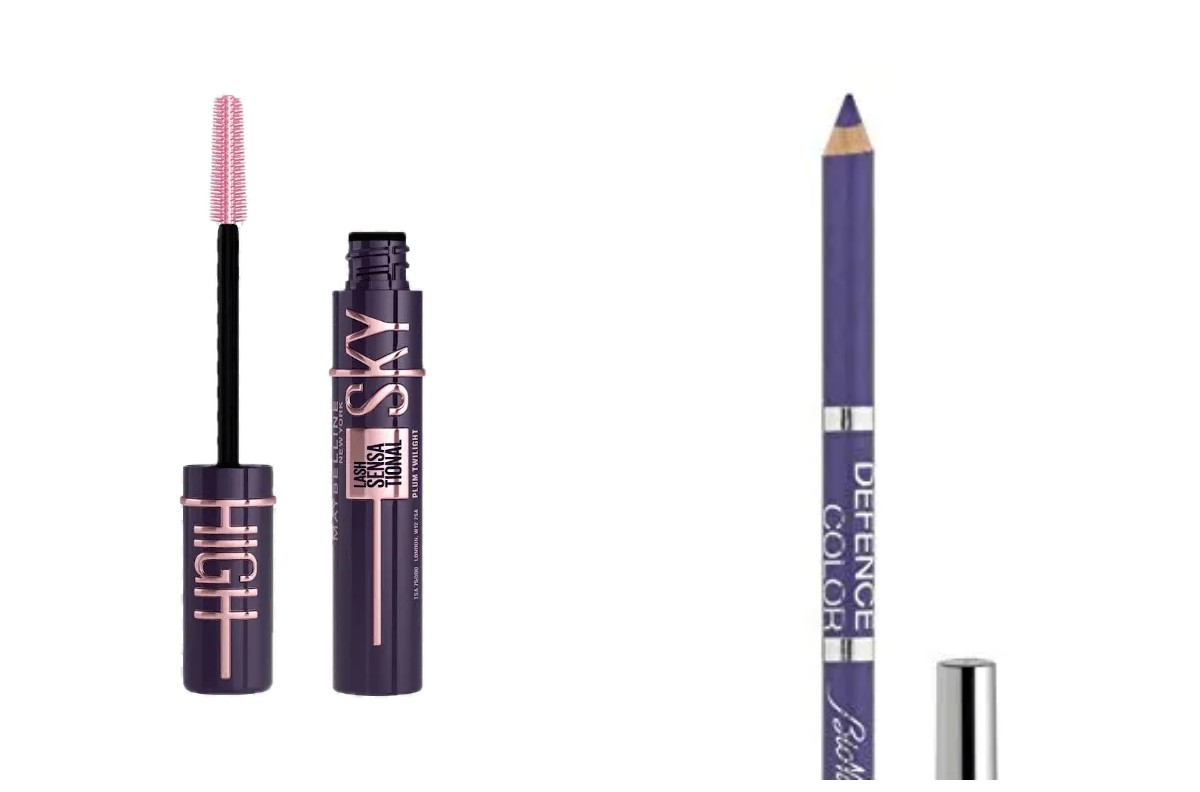 Fioletowy tusz do rzęs Maybelline, fioletowa kredka do oczu Bionike (Fot. Materiały prasowe)