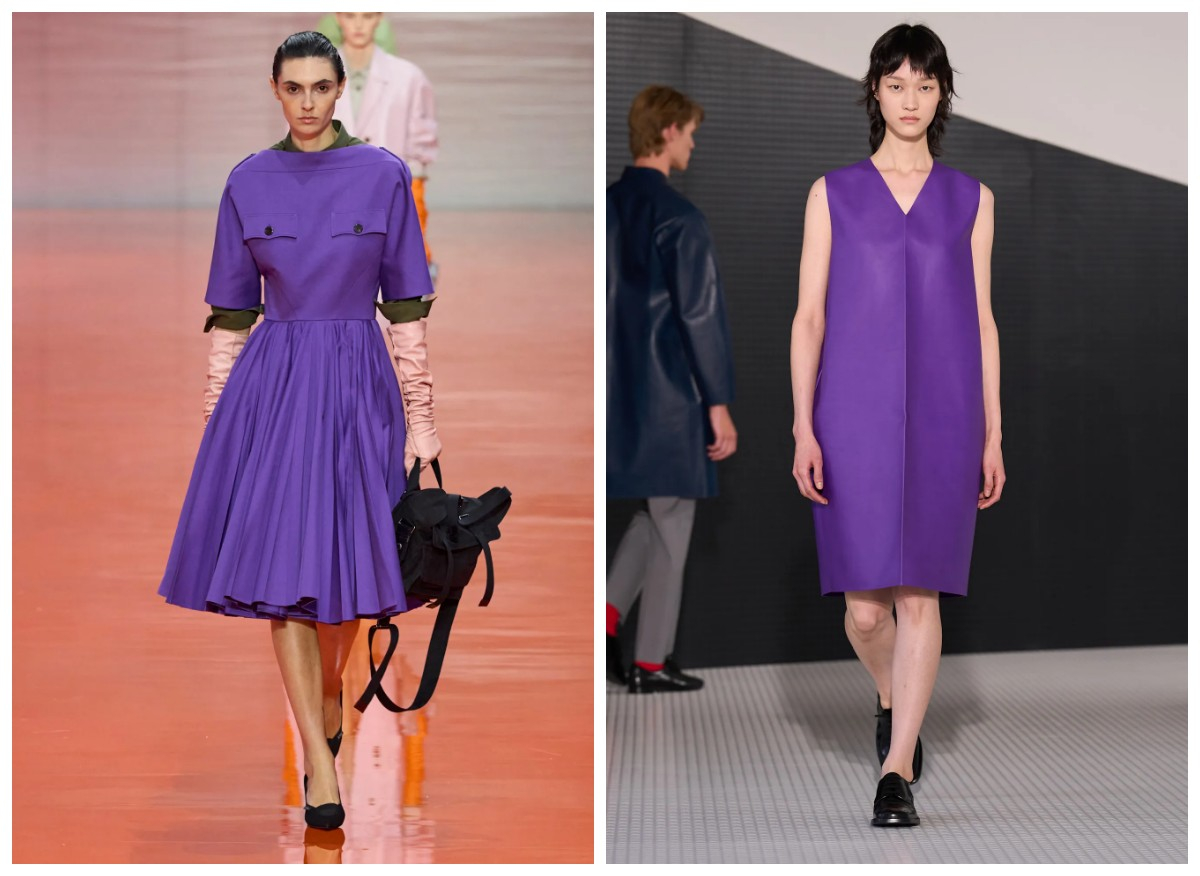 Fioletowe sukienki Prada i Jil Sander (Fot. Spotlight. Launchmetrics )