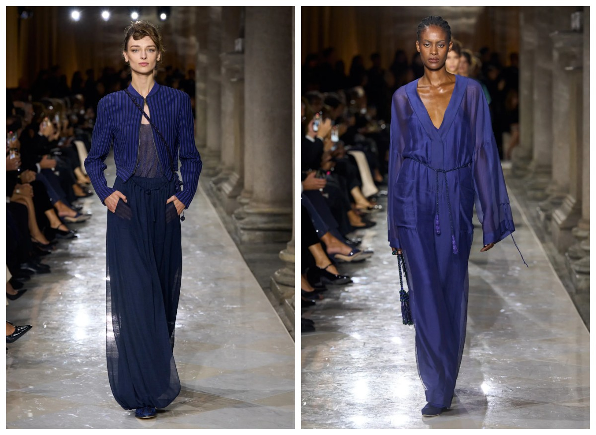 Fioletowe kreacje w kolekcji Giorgio Armani (Fot. Spotlight. Launchmetrics )