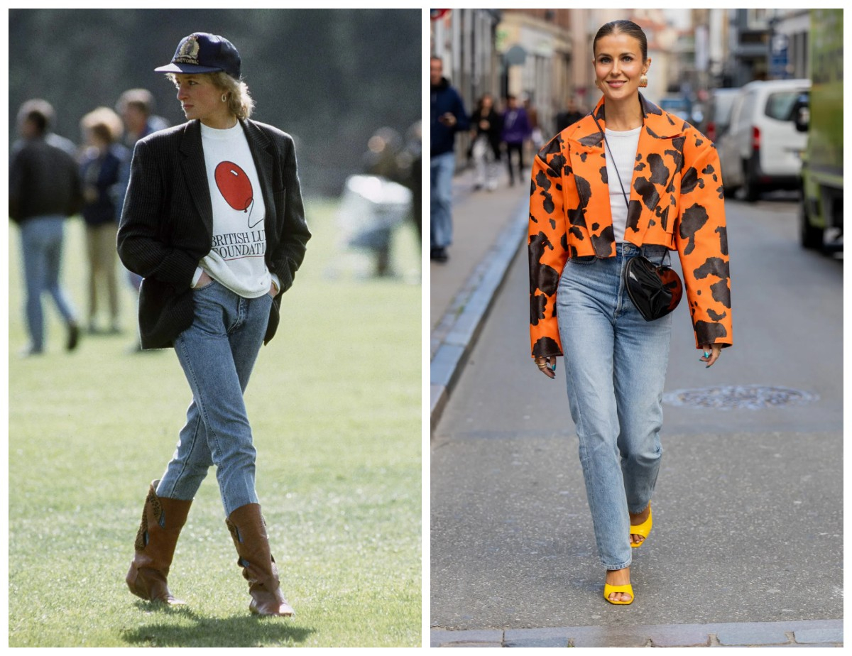 Dwie kobiety w jeansach: Księżna Diana w eleganckim wydaniu z kapeluszem, druga w stylizacji z modnym, kolorowym płaszczem.