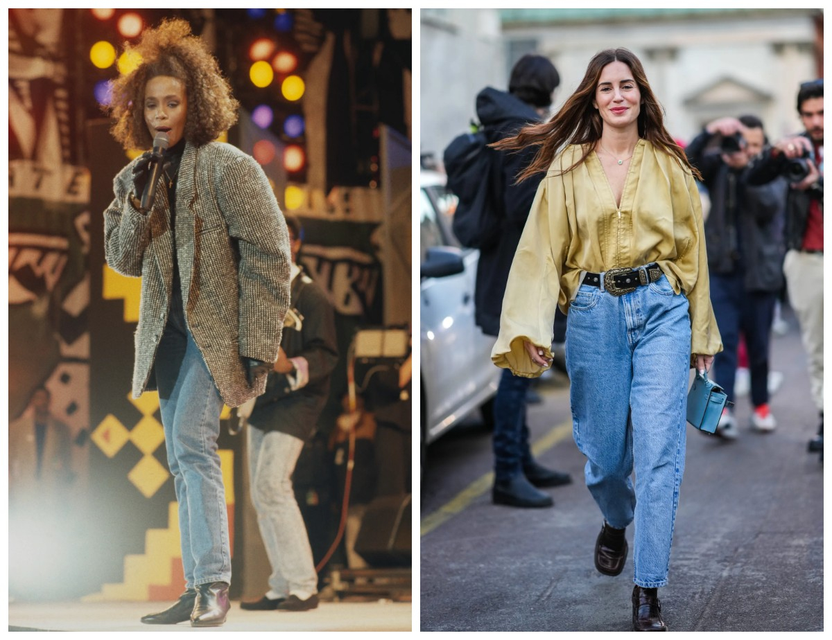 Dwie kobiety w jeansach – Whitney Houston na scenie w latach 80., druga na ulicy w nowoczesnej stylizacji.