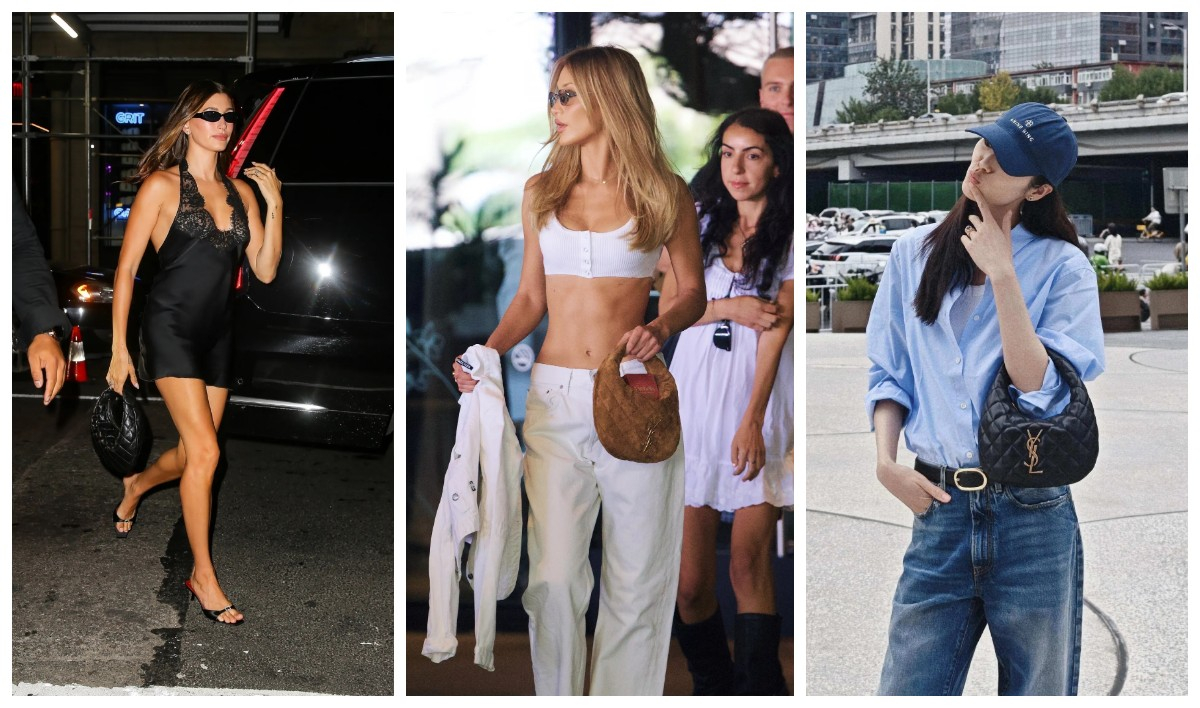 Bella Hadid prezentuje torebkę Icarino Saint Laurent w eleganckiej stylizacji, obok Haukeya Vieber w codziennym looku.