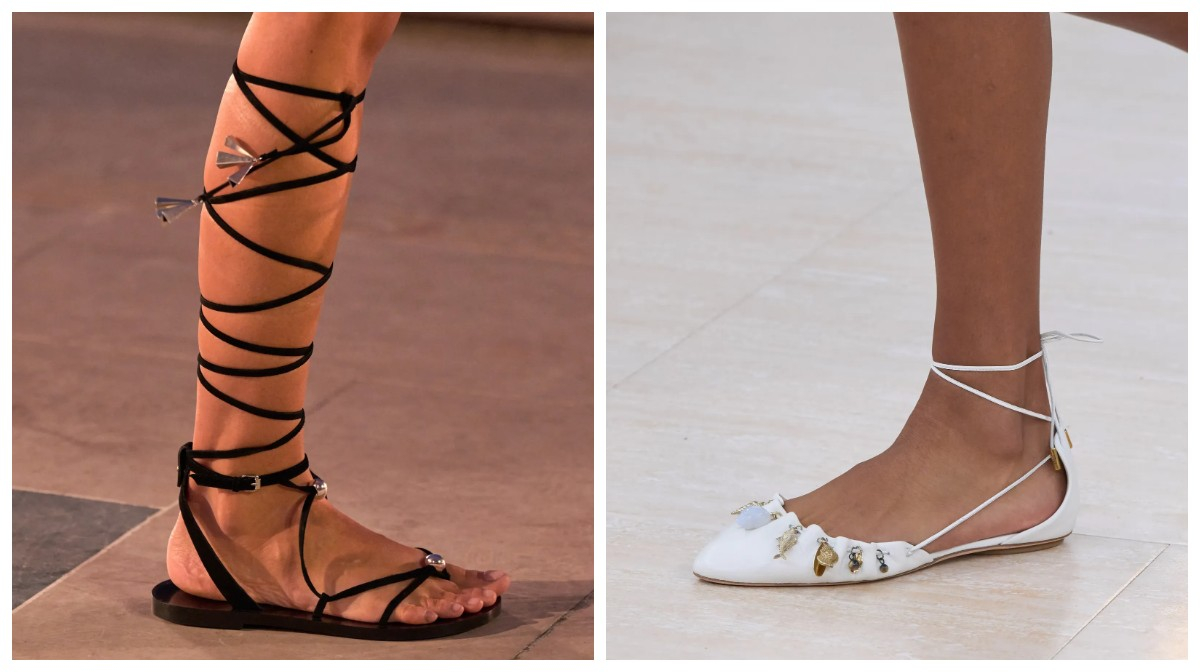 Sandały boho w stylu minimalistycznym: czarne z wiązaniem oraz białe z ozdobami na przodzie.