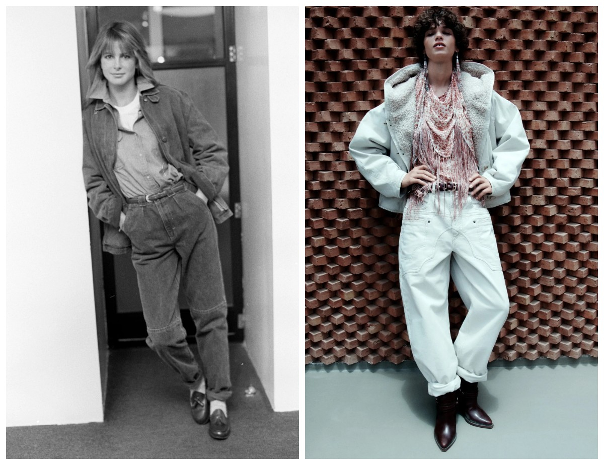 Modelka w jeansach i kurtce, po lewej stronie, oraz druga w eleganckim stroju z jeansami po prawej stronie.