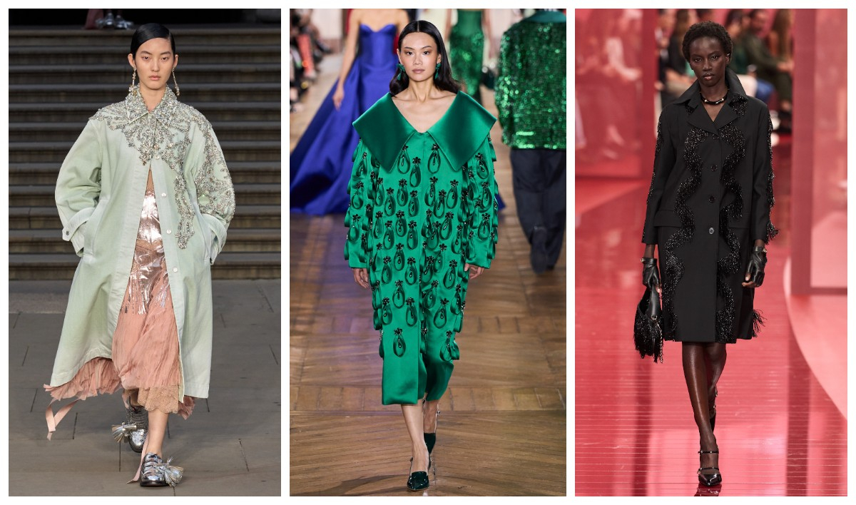 Bogato zdobione płaszcze Erdem, Georges Hobeika, Gucci / (Fot. Spotlight. Launchmetrics / Agencja FREE)