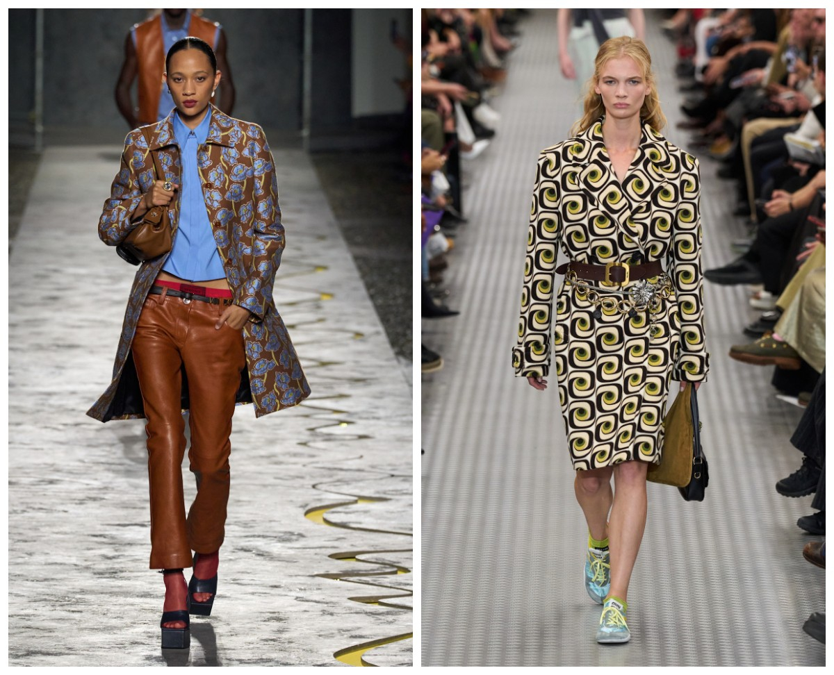 Wiosenne płaszcze damskie w retro printy Versace, Miu Miu / (Fot. Spotlight. Launchmetrics )