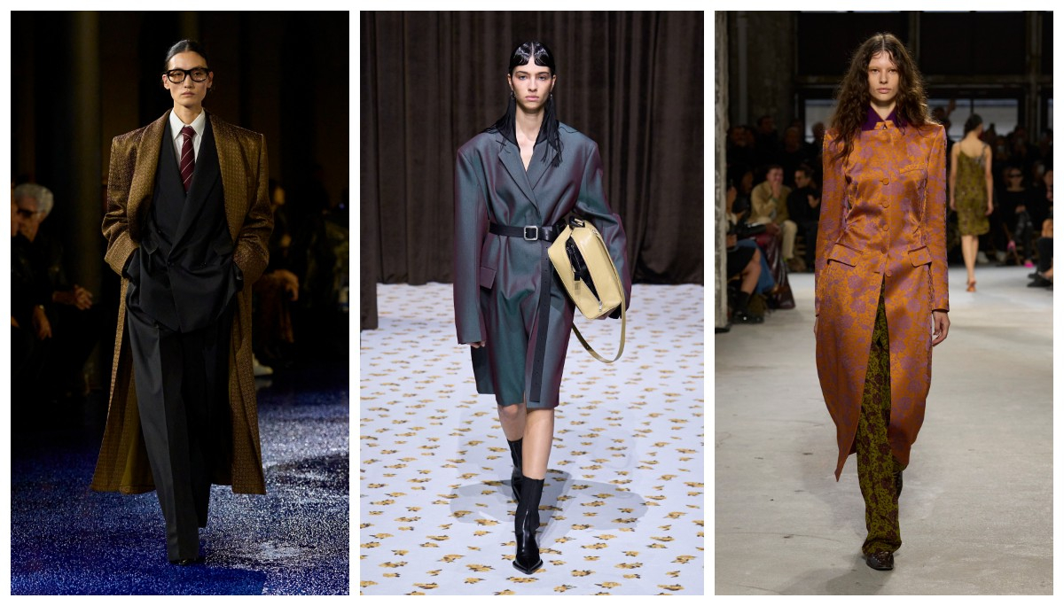 Lekkie płaszcze wiosenne z połyskiem: Saint Laurent, Jil Sander, Dries Van Noten / (Fot. Spotlight. Launchmetrics )