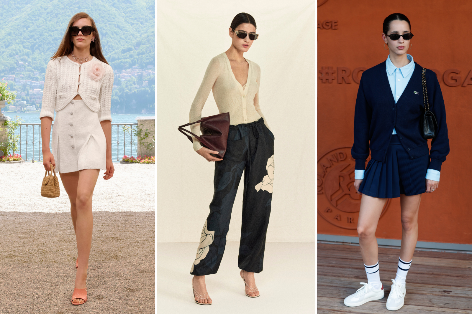 Trzy modelki prezentujące stylowy sweter typu kardigan, stylizacje na lato z akcesoriami i różnorodnymi spodniami.