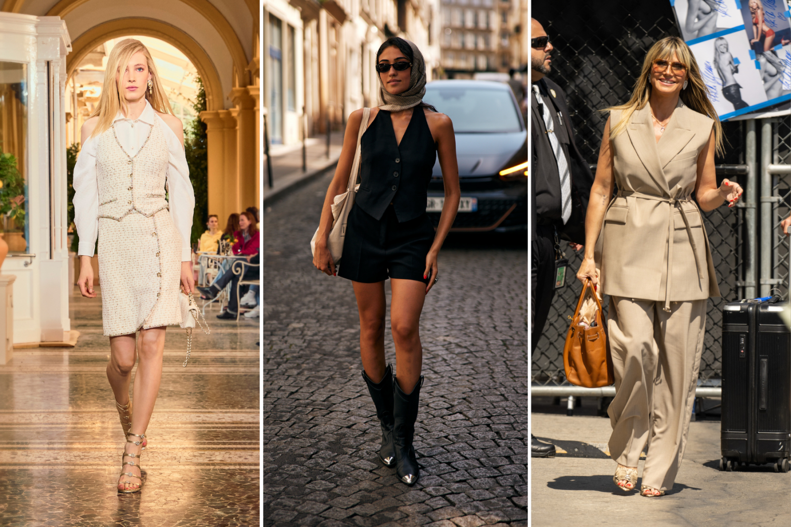 Trzy modelki w eleganckich stylizacjach, w tym z elegancką kamizelką bez rękawów na środku zdjęcia.