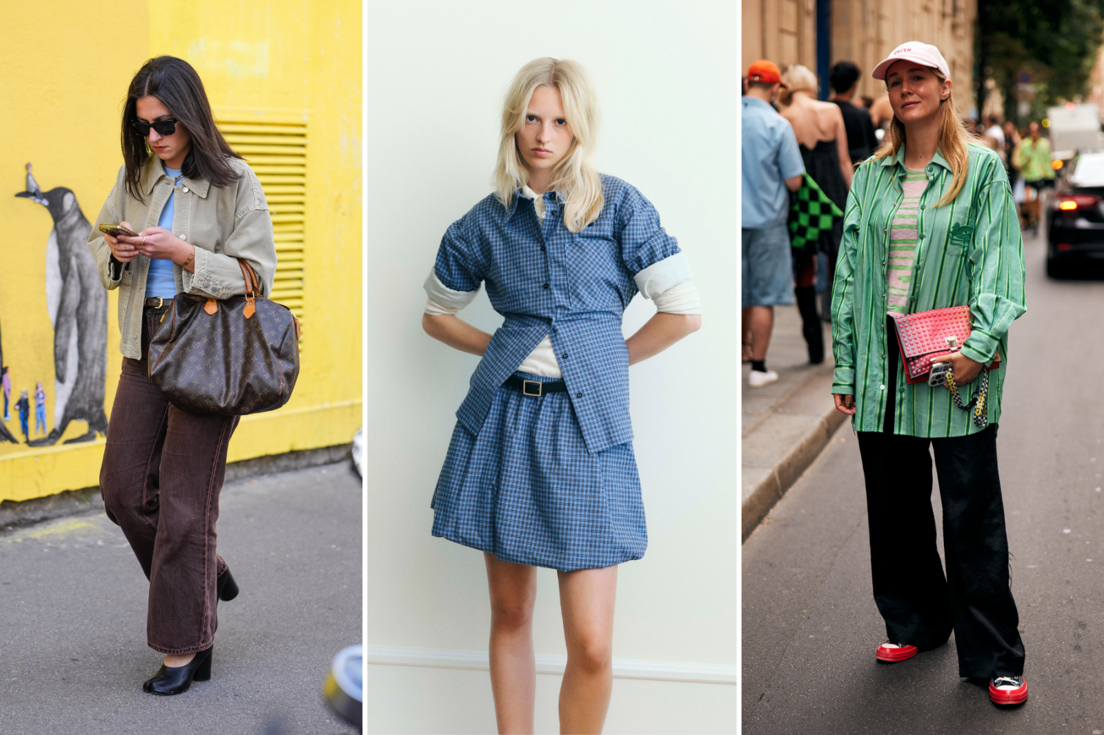 Stylizacje z koszulami damskimi typu overshirt w różnych kolorach i wzorach, na tle miejskich krajobrazów.