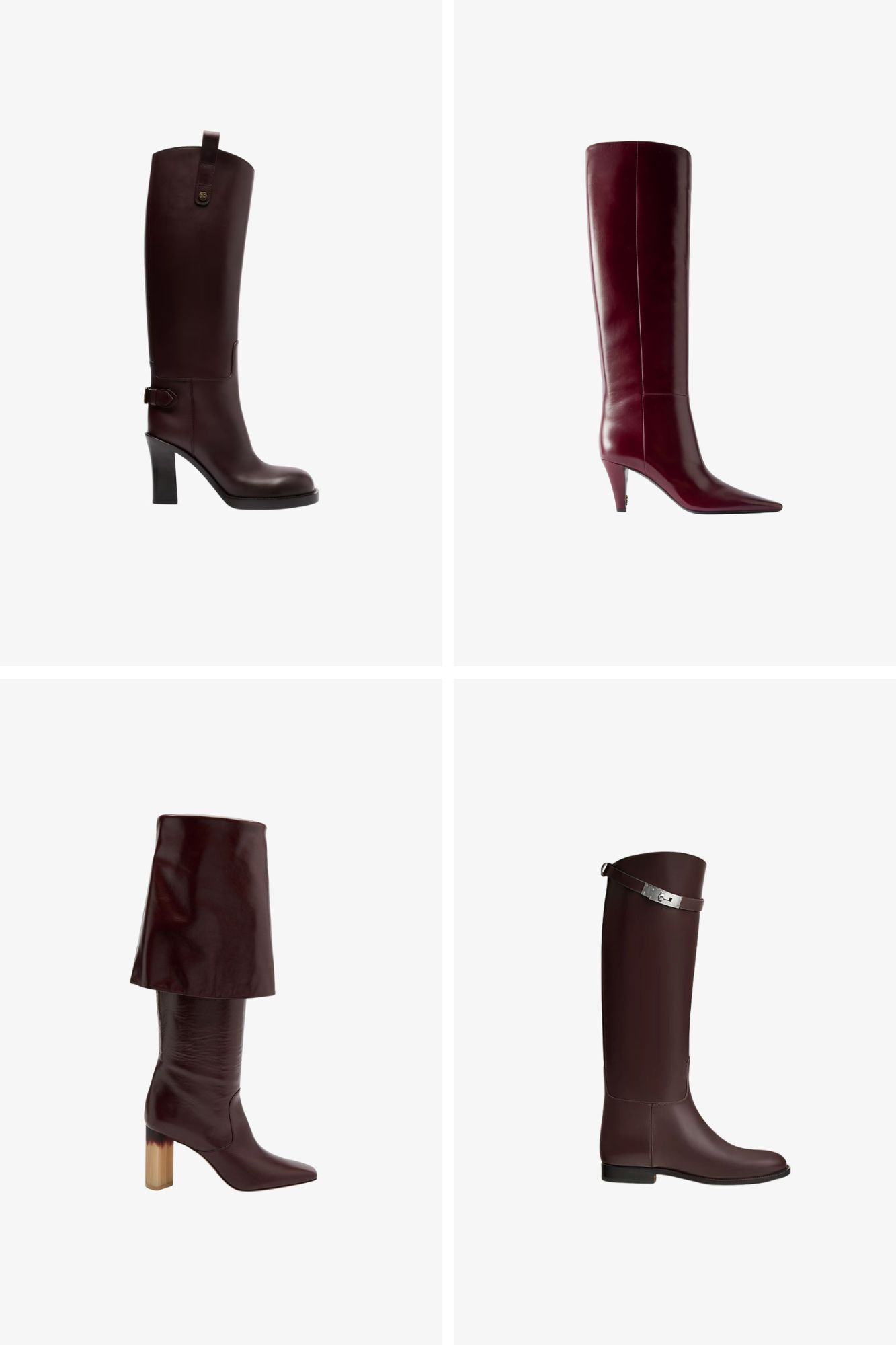 Burgundowe kozaki r&oacute;żnych fason&oacute;w, w tym modele od Burberry i Saint Laurent, oraz stylowe projekty od Chlo&eacute; i Herm&egrave;s.