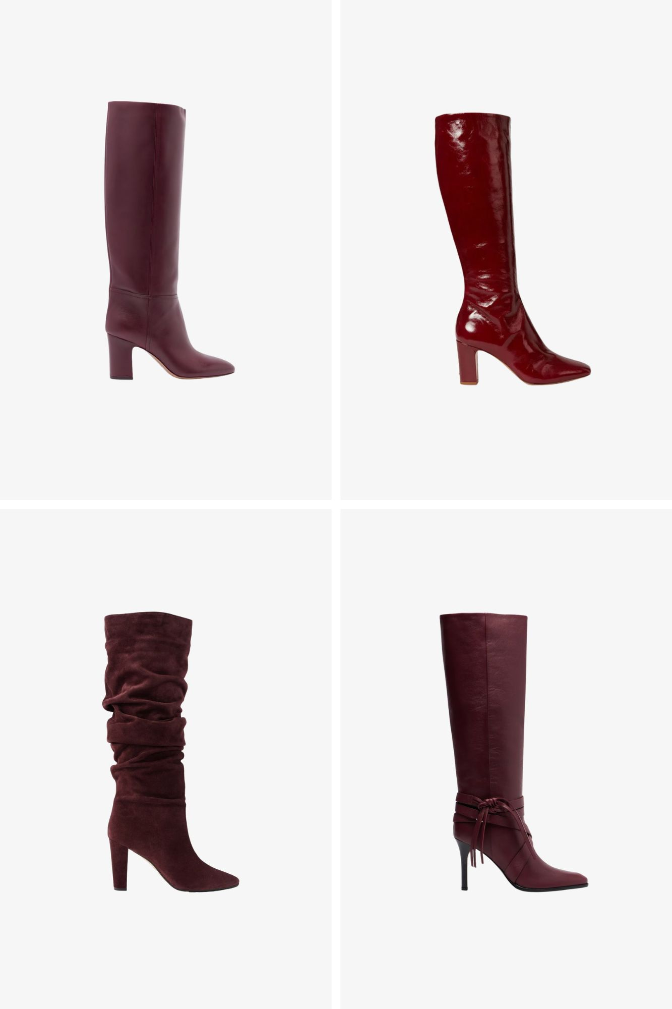 Cztery modele burgundowych kozak&oacute;w od Paris, Texas, Rouje, Manolo Blahnik i Isabel Marant.