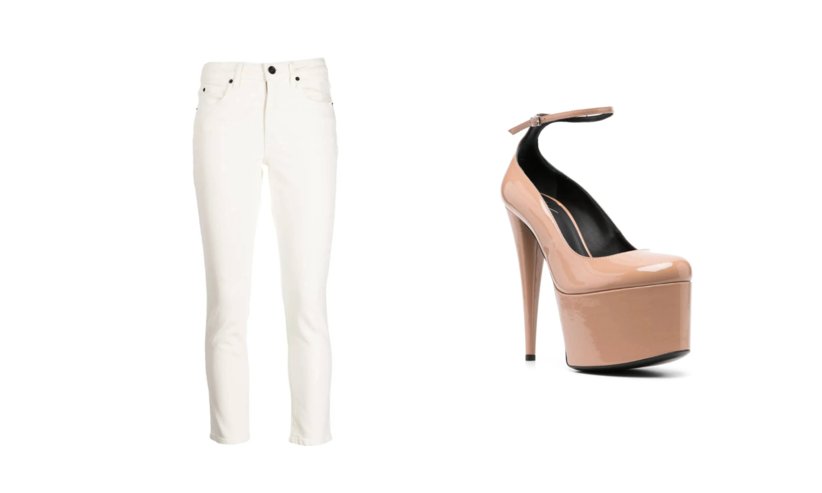 Białe jeansy capri obok butów na wysokiej platformie w kolorze nude, idealne na stylowy look.