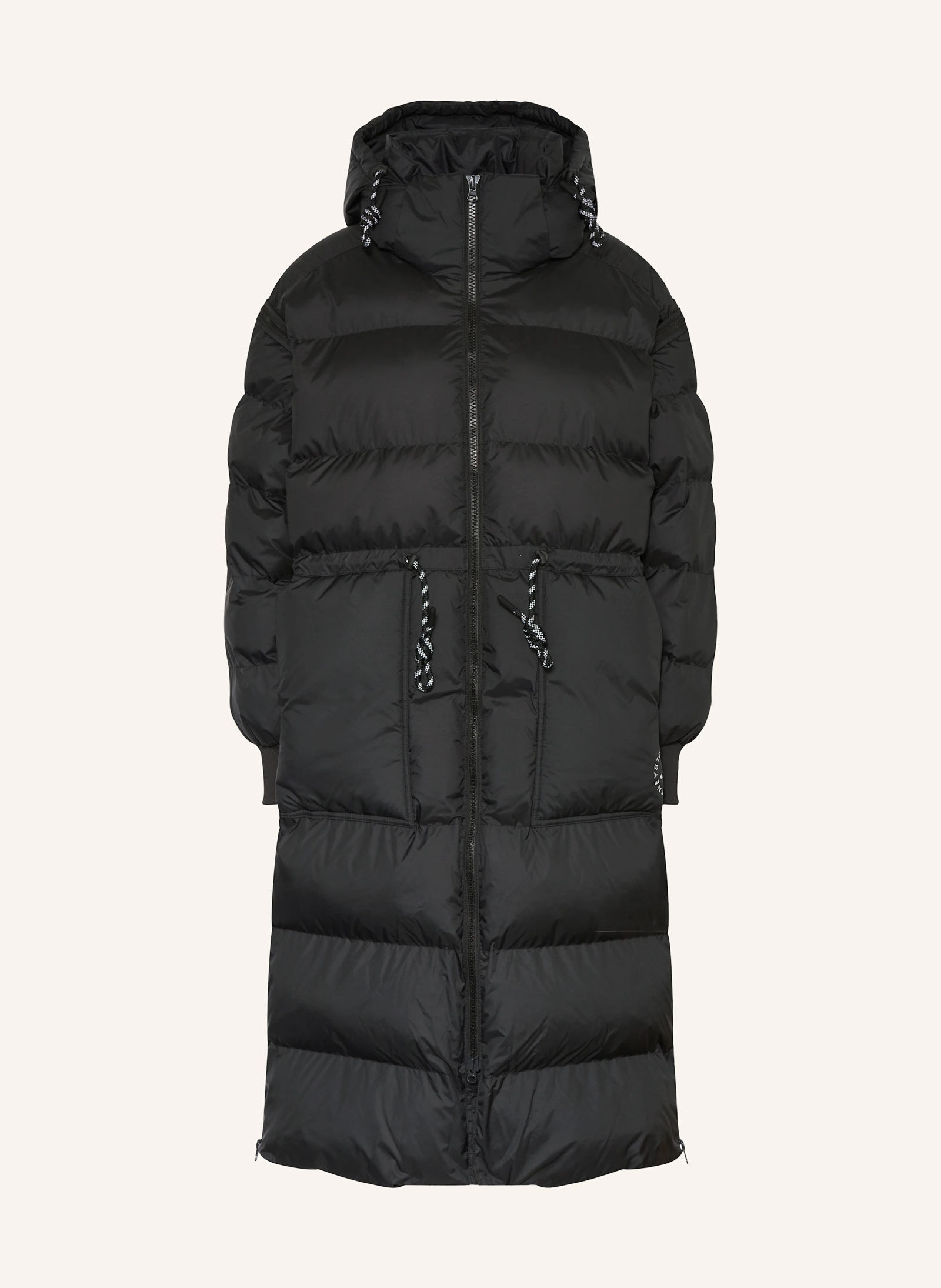 Czarna długa kurtka puchowa damska marki Adidas by Stella McCartney z kieszeniami i kapturem.