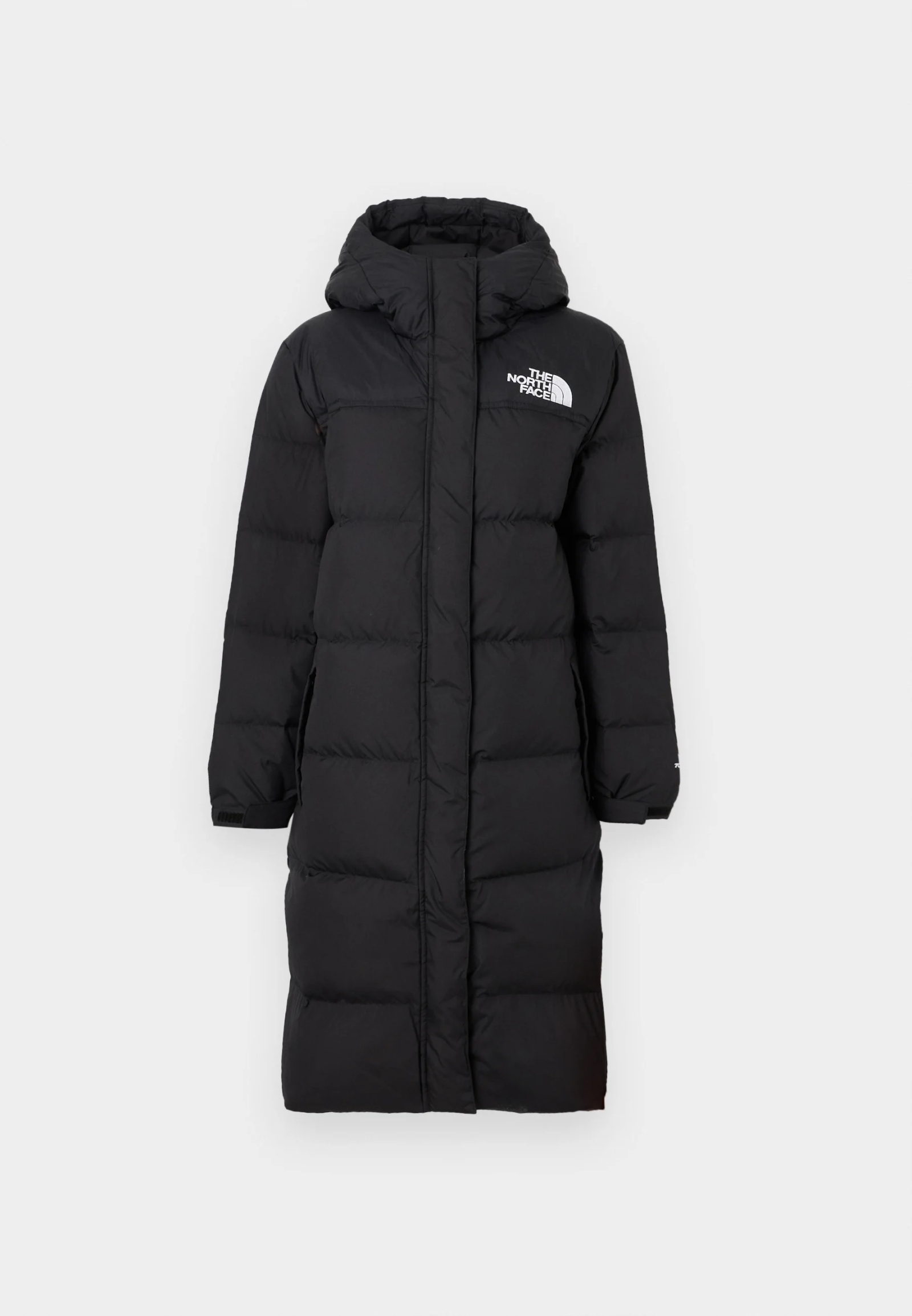 Czarna długa kurtka puchowa damska marki North Face z kapturem i zamkiem.