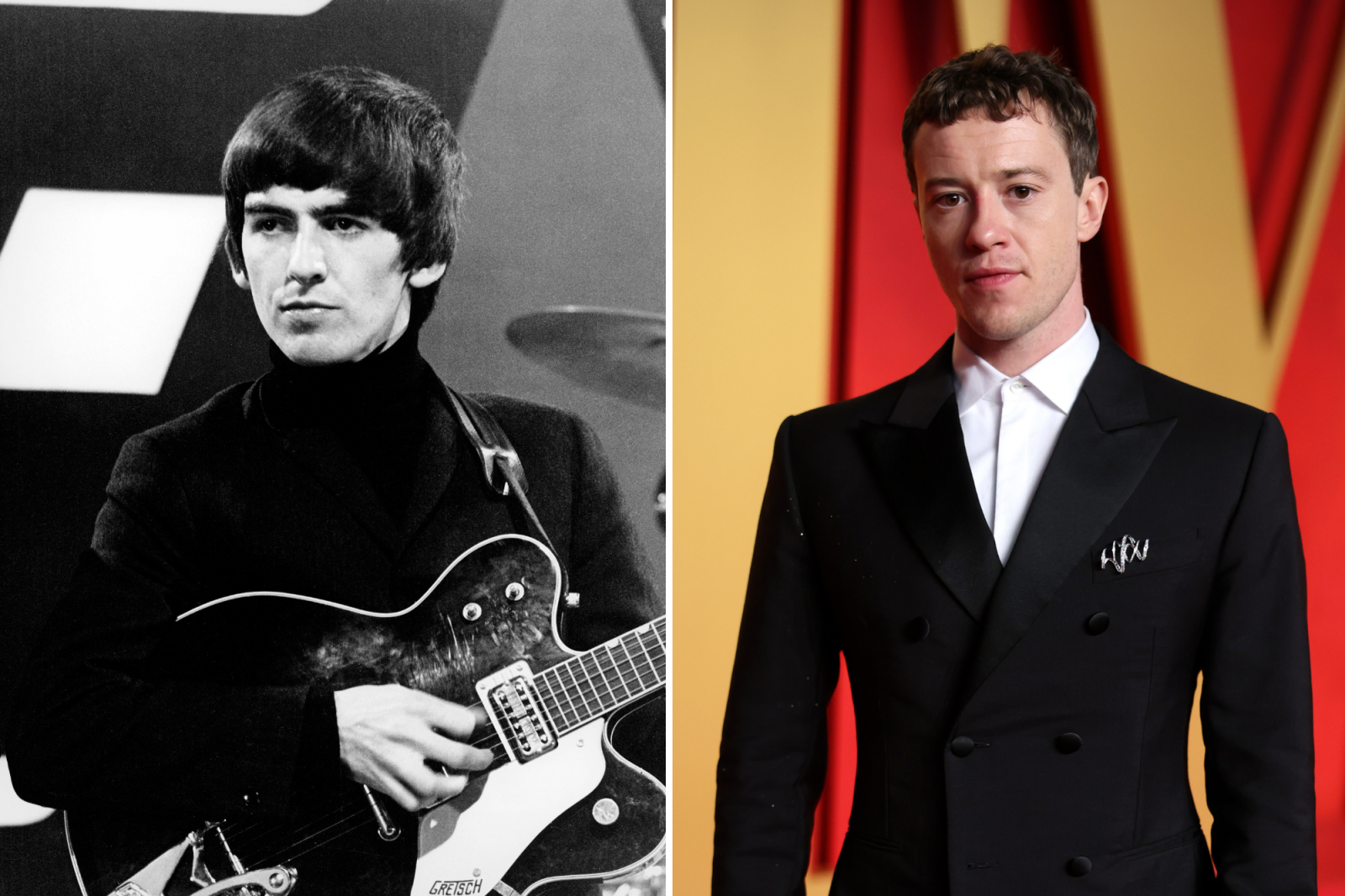 George Harrison gra na gitarze w czarno-białej fotografii obok Joseph Quinna w eleganckim garniturze na czerwonym dywanie.