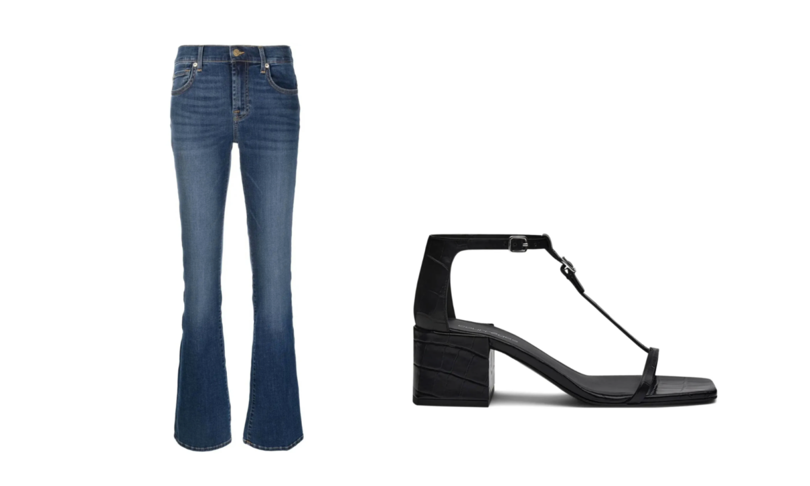 Jasnoniebieskie jeansy boot cut obok czarnych sandałów na obcasie typu T-Bar.