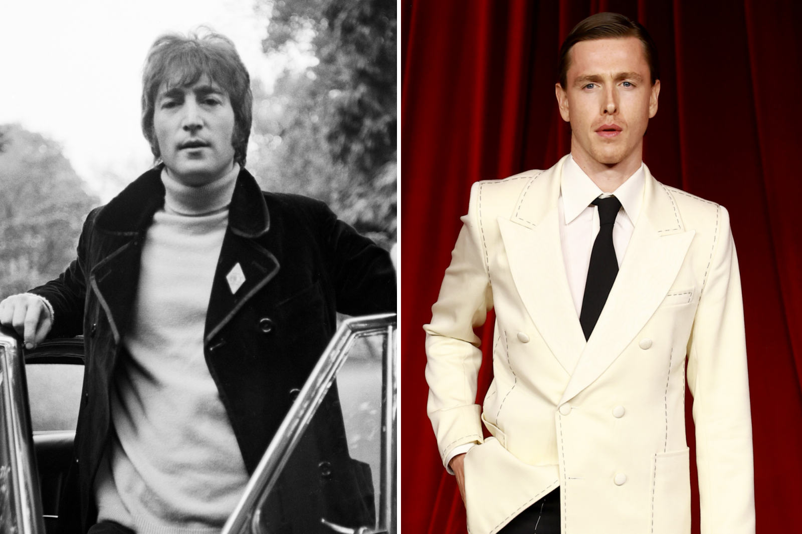 John Lennon w czarnym płaszczu, obok Harris Dickinson w eleganckim białym garniturze.
