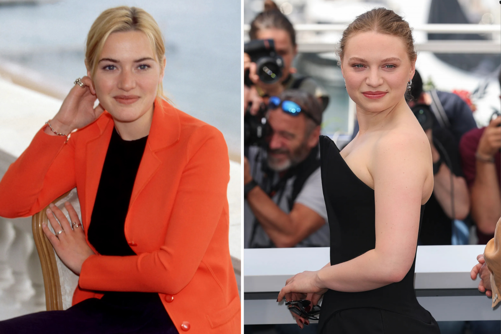 Winslet w wieku 20 lat na Festiwalu Filmowym w Cannes w 1996 roku. Threapleton na sesji zdjęciowej do „Fenickiego układu”. (Fot. Getty Images)