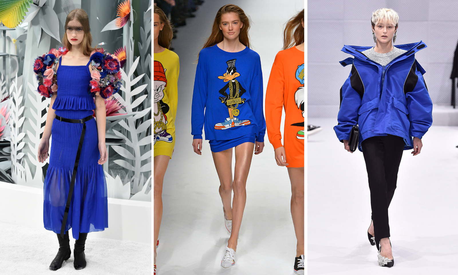 Kobaltowe stylizacje na pokazach Chanel, Moschino i Balenciaga, łączące elegancję z modą uliczną.