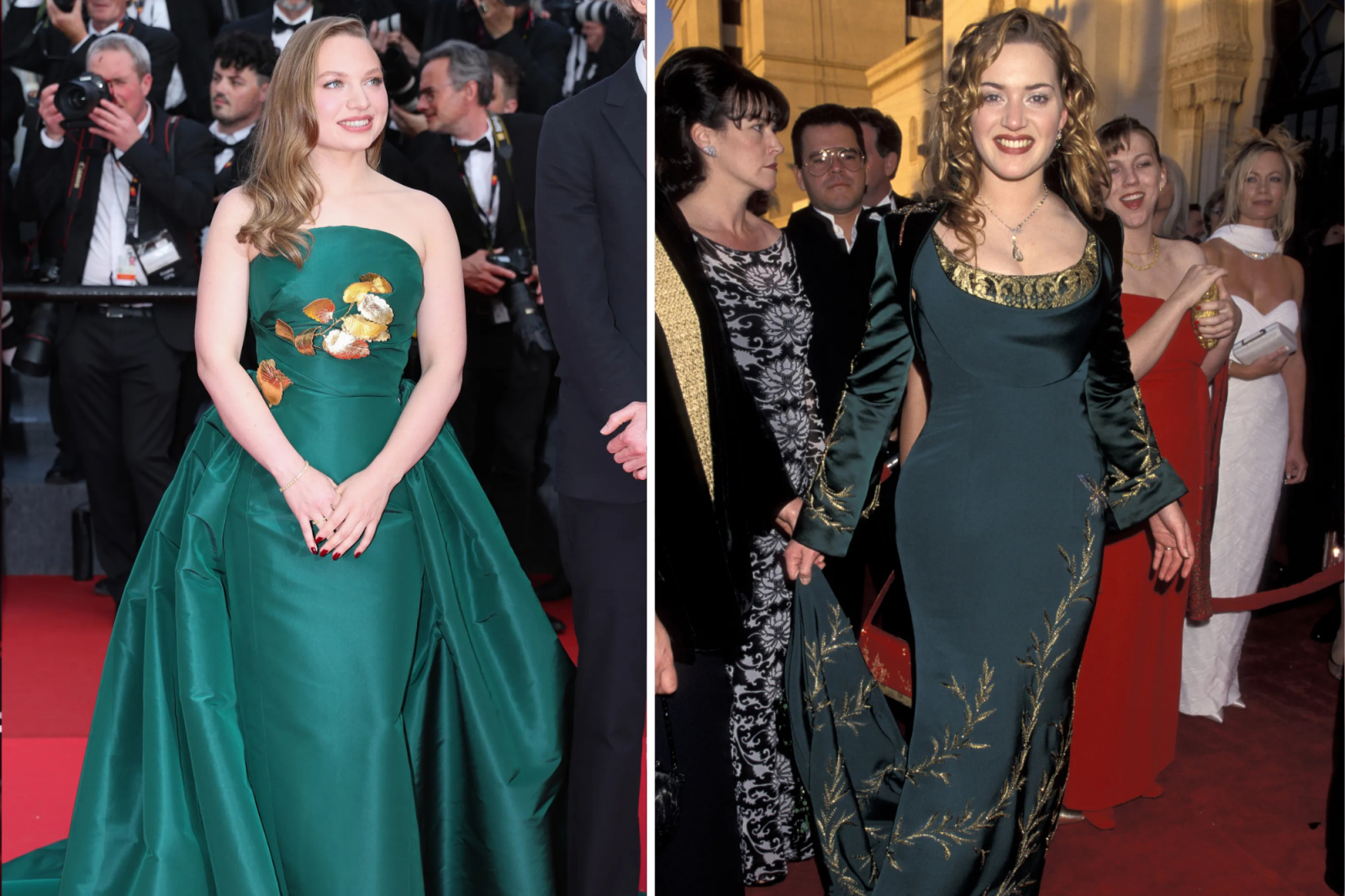 24-letnia Threapleton na premierze „Fenickiego układu” w Cannes. 22-letnia Kate Winslet na oscarowej gali w 1998 roku. (Fot. Getty Images)
