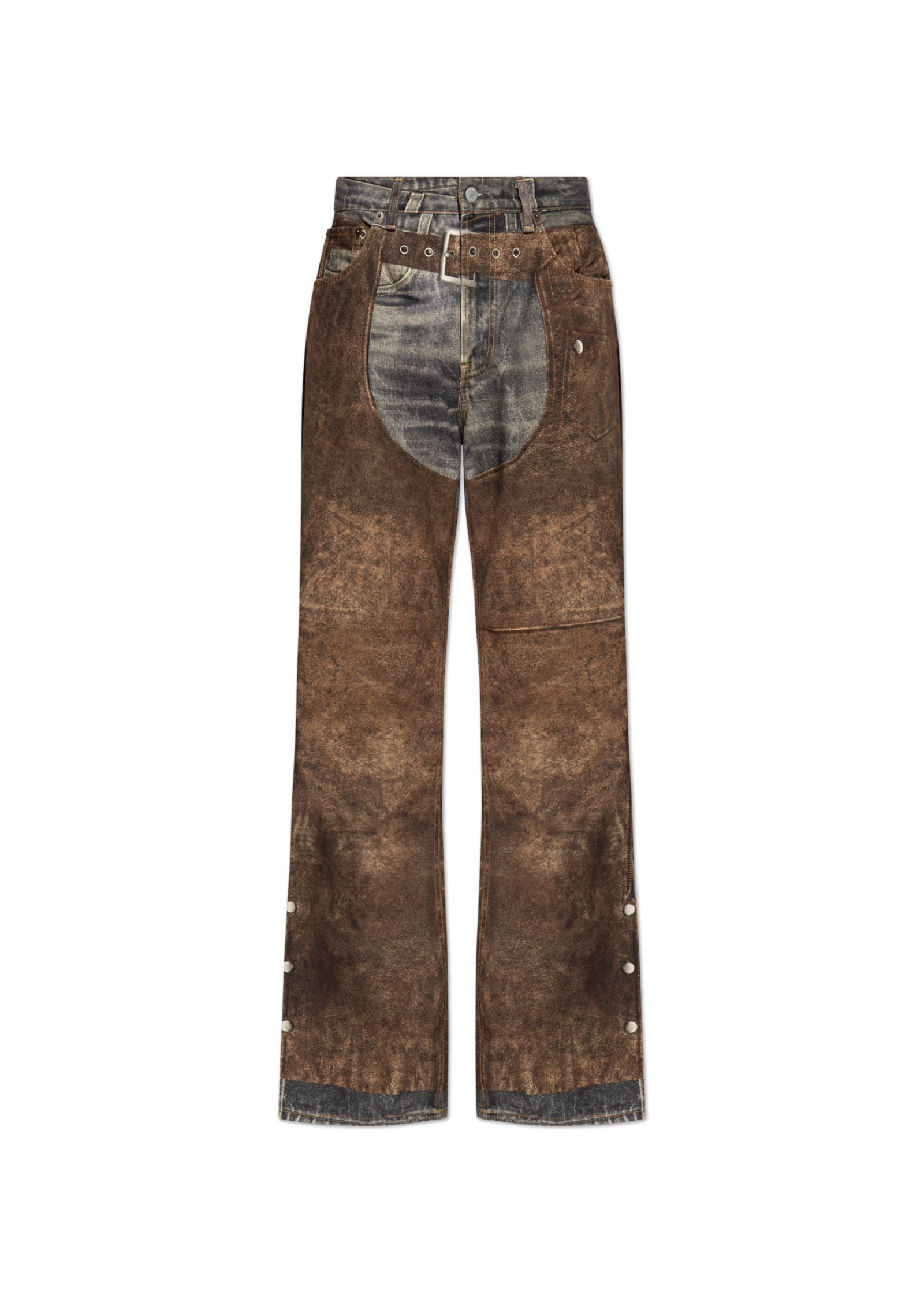 Brązowe jeansy wide leg z przebarwieniami od Acne Studios, z przodu z charakterystycznymi kieszeniami.