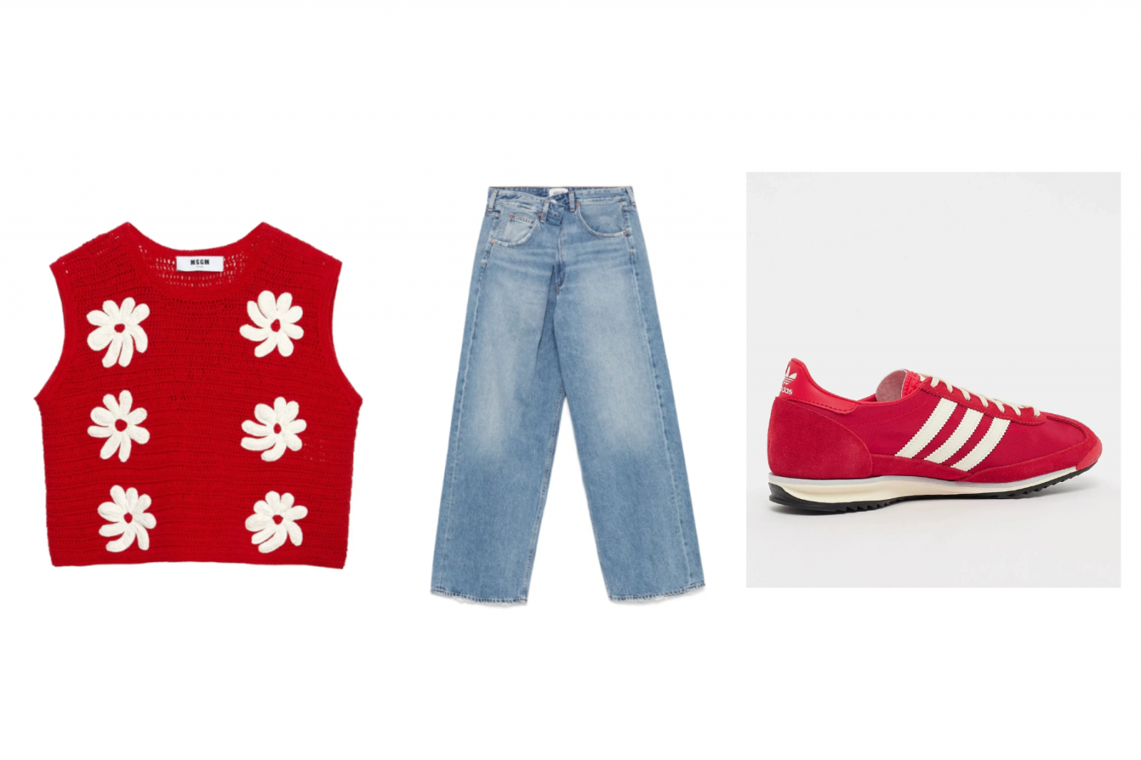 Szydełkowa bluzka boho MSGM, jeansy damskie Agolde i czerwone sneakersy adidas SL 72 OG w stylowym zestawieniu.