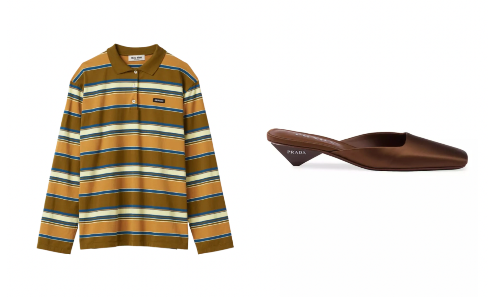 Stylowa bluzka polo Miu Miu w pasy oraz eleganckie mule na obcasie Prada.